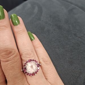 sterling silver rose quartz and garnet cluster Ring...Sz 8